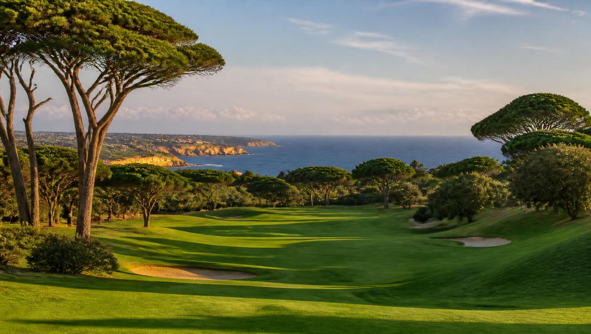 Golf course fairway in the Algarve with umbrella pines and the Atlantic coastline beyond